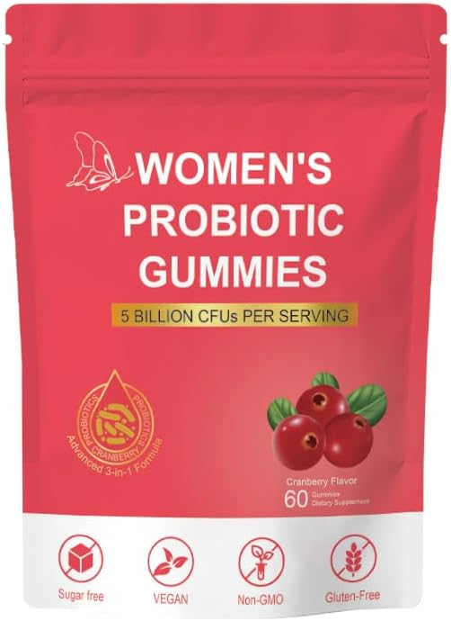 Women's Probiotic Gummies, Premium Feminine PH Balance Gummy, 5 Billion CFUs, Cranberry Flavour, Sugar-Free, Vegan, 60 Count