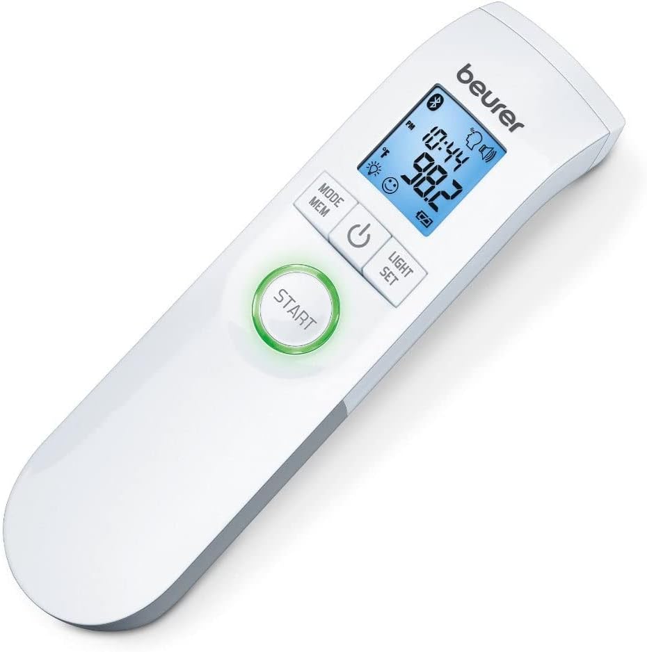 Beurer Bluetooth Non-Contact Thermometer, Forehead, Object, Room Temperature, High Accuracy, XL Blue Illuminated Display, 60 Memory Spaces, White,1 Count (Pack of 1),FT95
