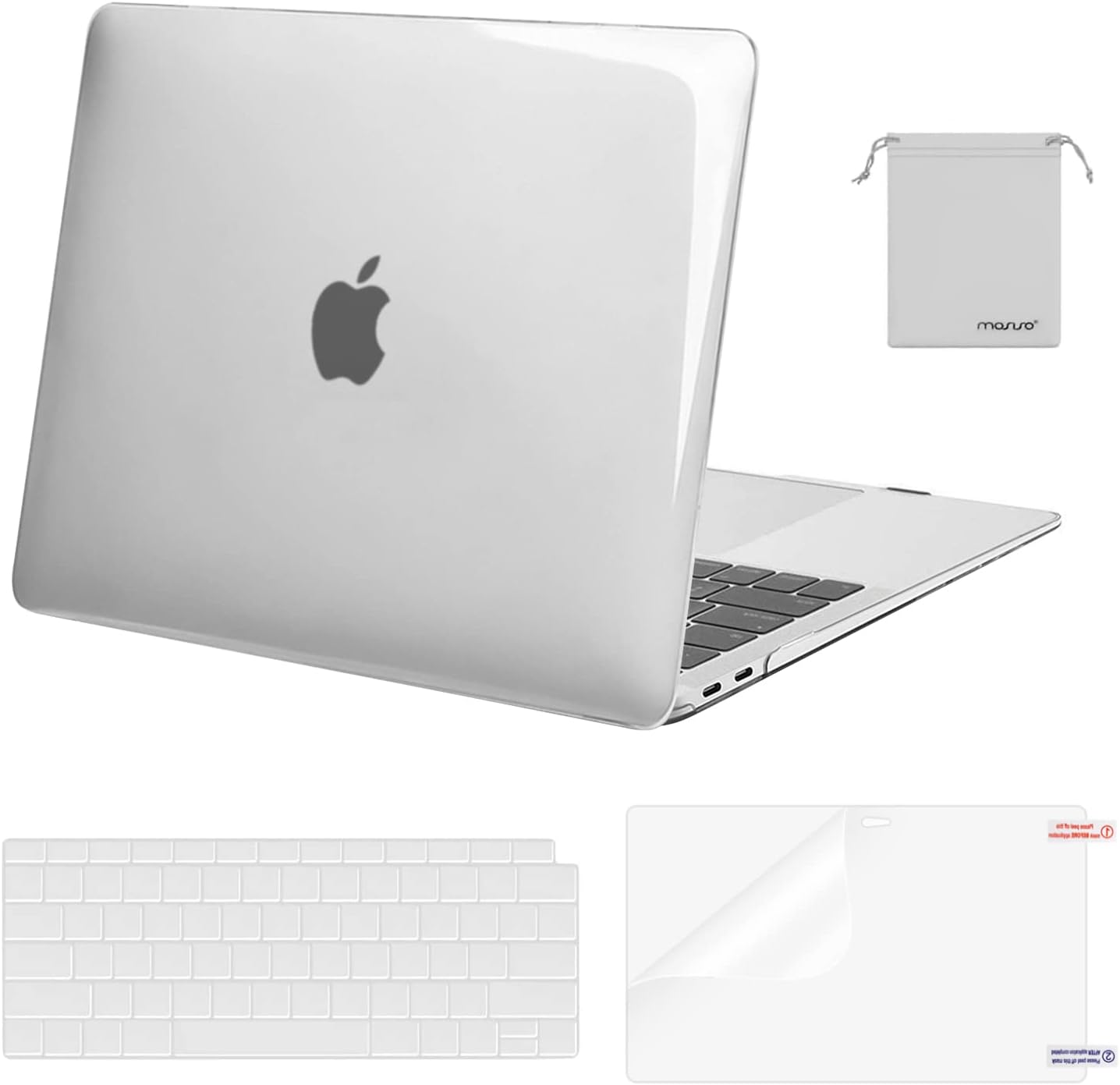 MOSISO Compatible with MacBook Air 13 inch Case M1 Chip 2021-2018 Release A2337 A2179 A1932, Plastic Hard Shell&Keyboard Cover&Screen Film&Storage Bag for MacBook Air 13.3 inch Case, Transparent