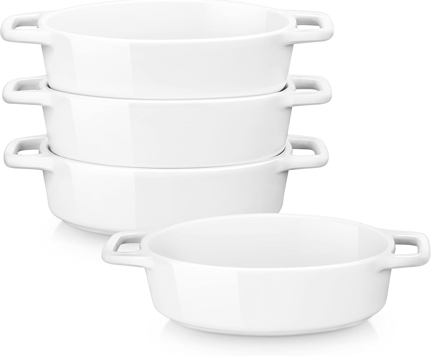 LOVECASA Porcelain Mini Gratin Dish 190ml/6 oz, Oval 11,5 x 3.8 cm, Set of 4 Single Serving Small Baking Dishes Mini Baking Pan with Double Handle, White