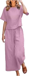 Women's Two Piece Sets Pullover Shirt Crewneck Artistic Retro Solid Color Casual Suit Piece Summer Sets 2023, S-5XL