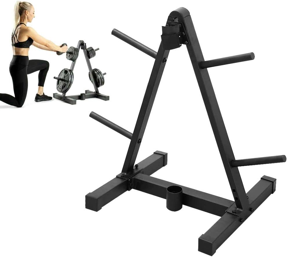 Barbell & Weight Plate Storage Rack | 4 Barbell Holders | Olympic Barbell Compatible | Heavy Duty Steel Construction | for Home Gym | Black