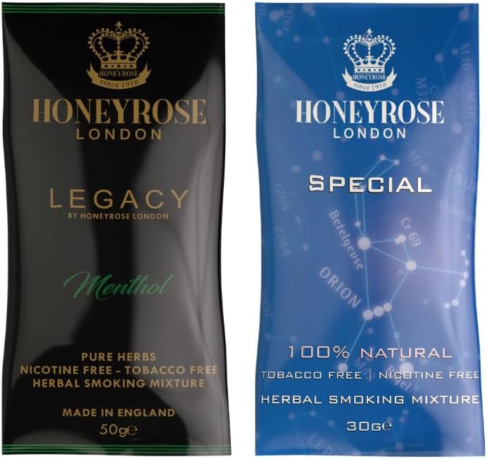 Honeyrose Legacy Menthol & Special Roll Your Own Smoking Herbal Mixtures, 100% Tobacco & Nicotine Free, 50gr. Pouch, All Natural Smokable Herbs, Quit Smoking, Made in England