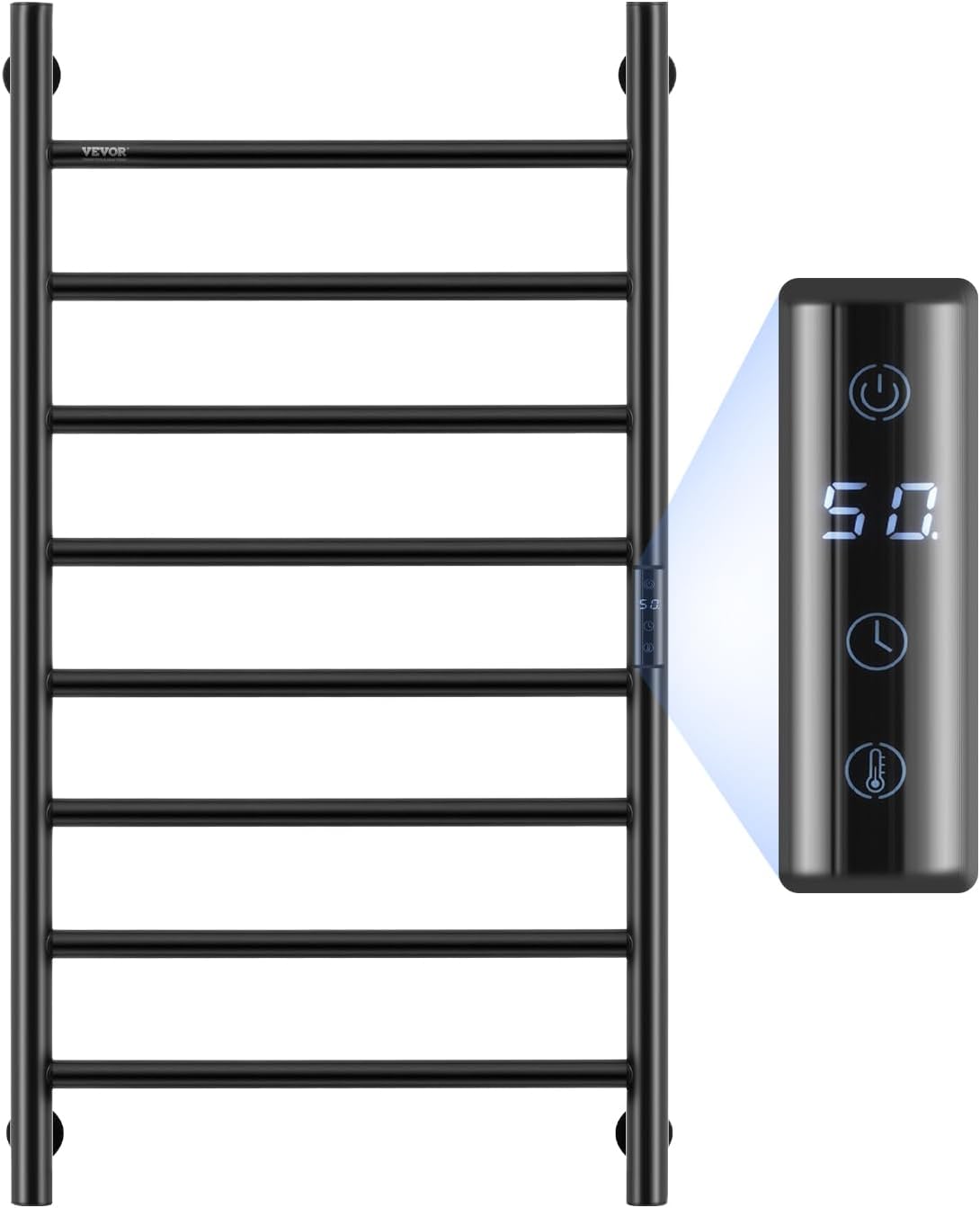 VEVOR 8 Bars Towel Warmer Rack, Wall Mounted Heated Towel Rack for Bathroom, IPX5 Waterpoof Towel Heater Rack with Timer & LED Display Screen, 5 Levels Adjustable Temperature Towel Heater, Black