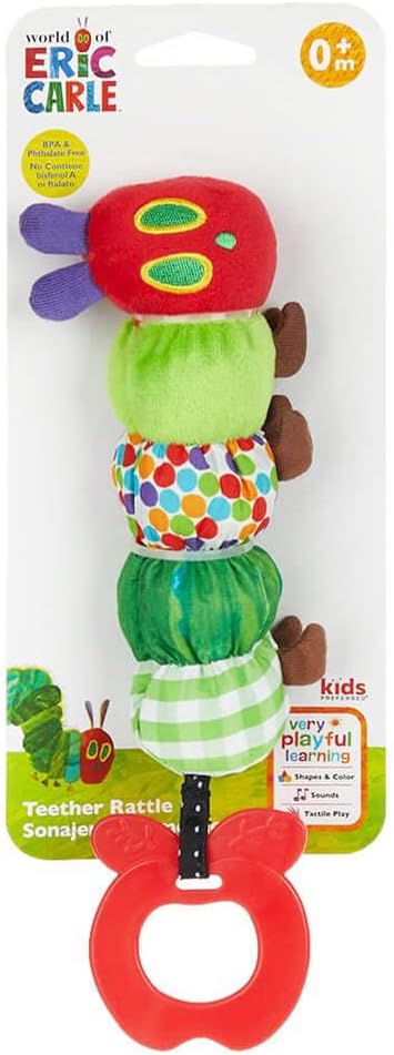 Rainbow Designs Very Hungry Caterpillar Teether Rattle – Soft Baby Sensory Toy with Vibrant Colours - Infant Teether Toy