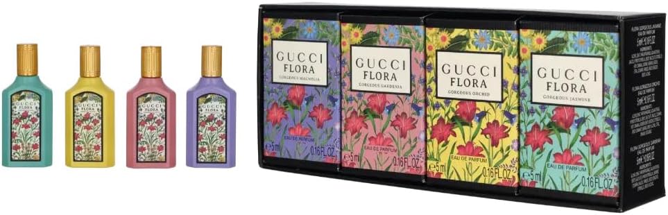 Gucci Perfume for Women Variety 4-Piece Mini Splash Travel Gift Set | Gorgeous Magnolia + Gorgeous Gardenia + Gorgeous Orchid + Gorgeous Jasmine