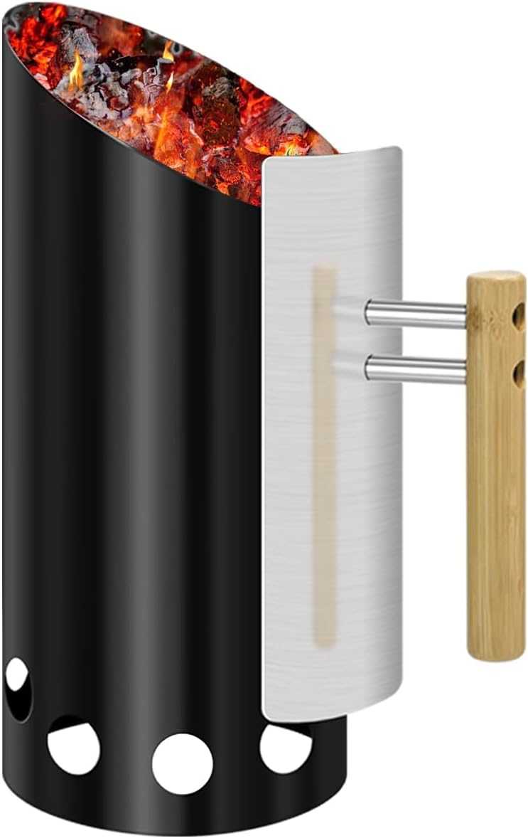 6.5"X14.5" Double enameled Charcoal Chimney Starter with Stainless Steel Heat Shield & Wood Handle Easy Cleaning Charcoal Starter for Grill and Firepit