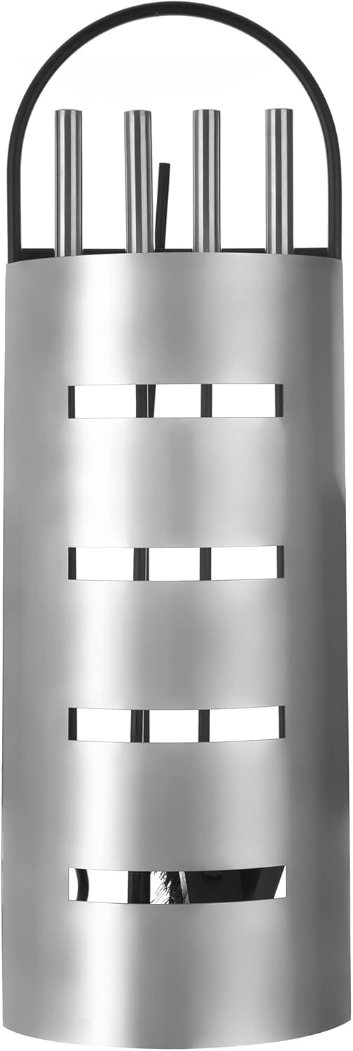 LIVIVO 5 Piece Fireplace Tools Set – Heavy Duty Steel Fire Companion Kit with Stand, Tongs, Brush & Shovel – Modern Fire Side Accessory for Indoor or Outdoor Fireplace, Chiminea, Firepit – Silver