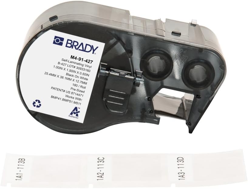 Brady Self-Laminating Vinyl Pre-Sized Labels for Label Printer BMP41/BMP51/BMP53/M511-180 Self Adhesive Printer Labels - Black on White, Transparent (25,40 mm (W) x 38,10 mm (H)) - M4-91-427