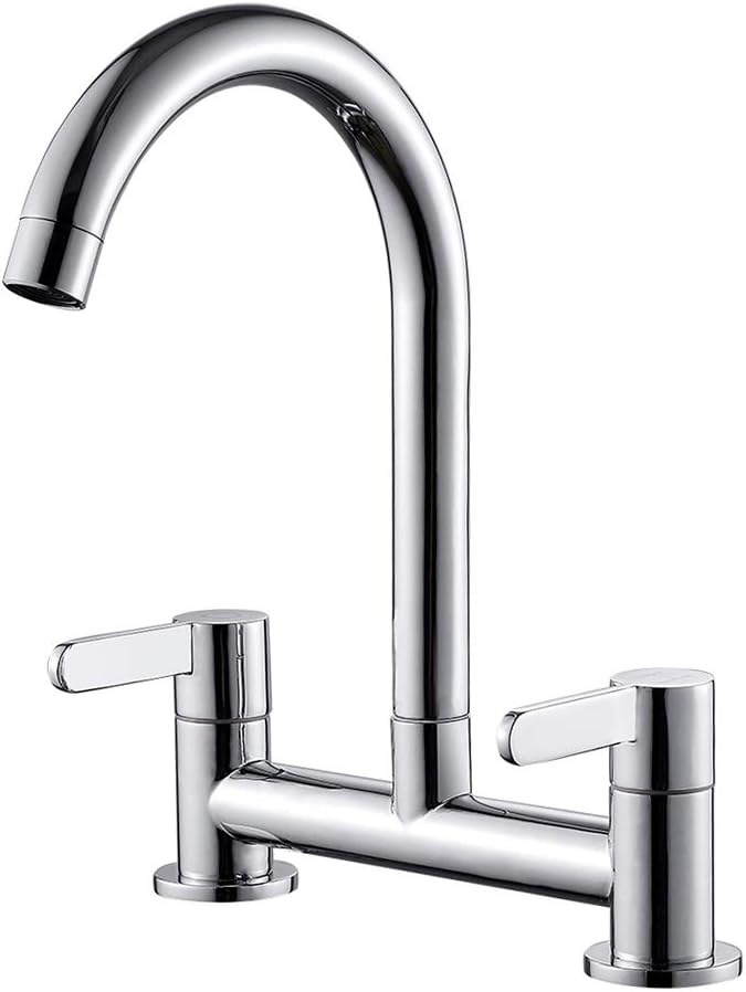 Kitchen Sink Mixer Taps, 2 Hole Kitchen Faucet, 360° Swivel Spout Dual Lever Sink Mixer Tap, Deck Mounted Kitchen Taps, Cold and Hot Mixer Tap, Sink Tap 1/4 Turn with UK Standard Fittings (Chrome)