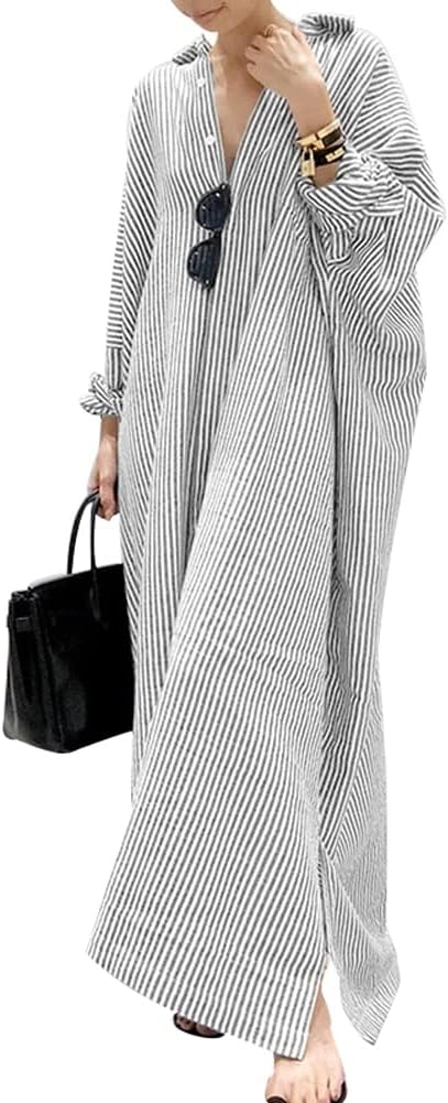 chouyatou Women's Casual Long Sleeve Button Down Loose Striped Cotton Maxi Shirt Dress