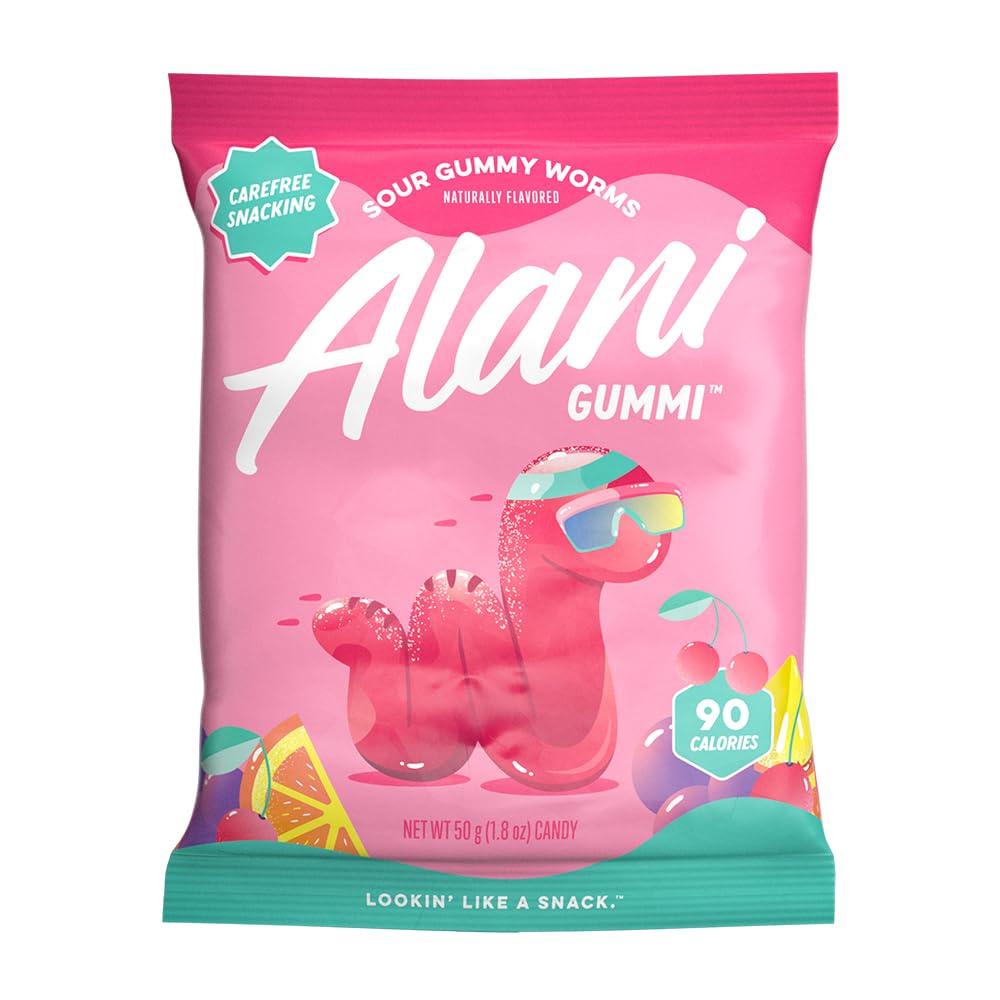 Alani Gummis Sour Gummy Worms Low Sugar Gummy Candy (6G) | 90 Calories per Bag | On-The-Go Snacks | Gluten Free | 6G of Fiber | Naturally Flavored | Pack of 12