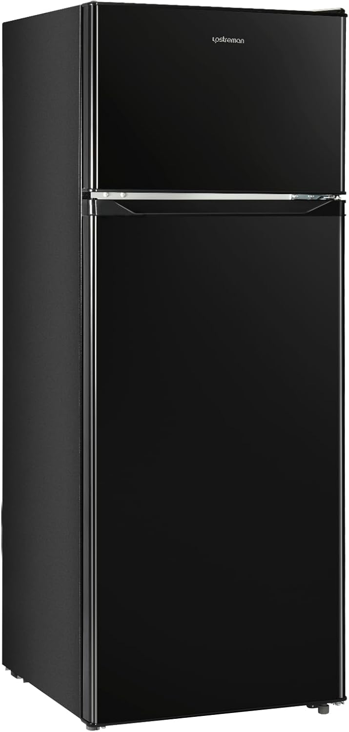 Upstreman 7.7 Cu.Ft. Refrigerator with Freezer, Double Door Fridge, Adjustable Thermostat, Large Capacity, Reversible Door Swing, Refrigerator for Apartment, Office, Dorm, Black（BD75）