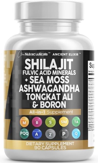 Clean Nutraceuticals Shilajit Supplement for Men with Sea Moss, Tongkat Ali, Ashwagandha, Boron, Zinc, CoQ10, PQQ - Fulvic Acid Capsules - Energy Support - 90 Count - Resin, Gummy & Powder Alternative