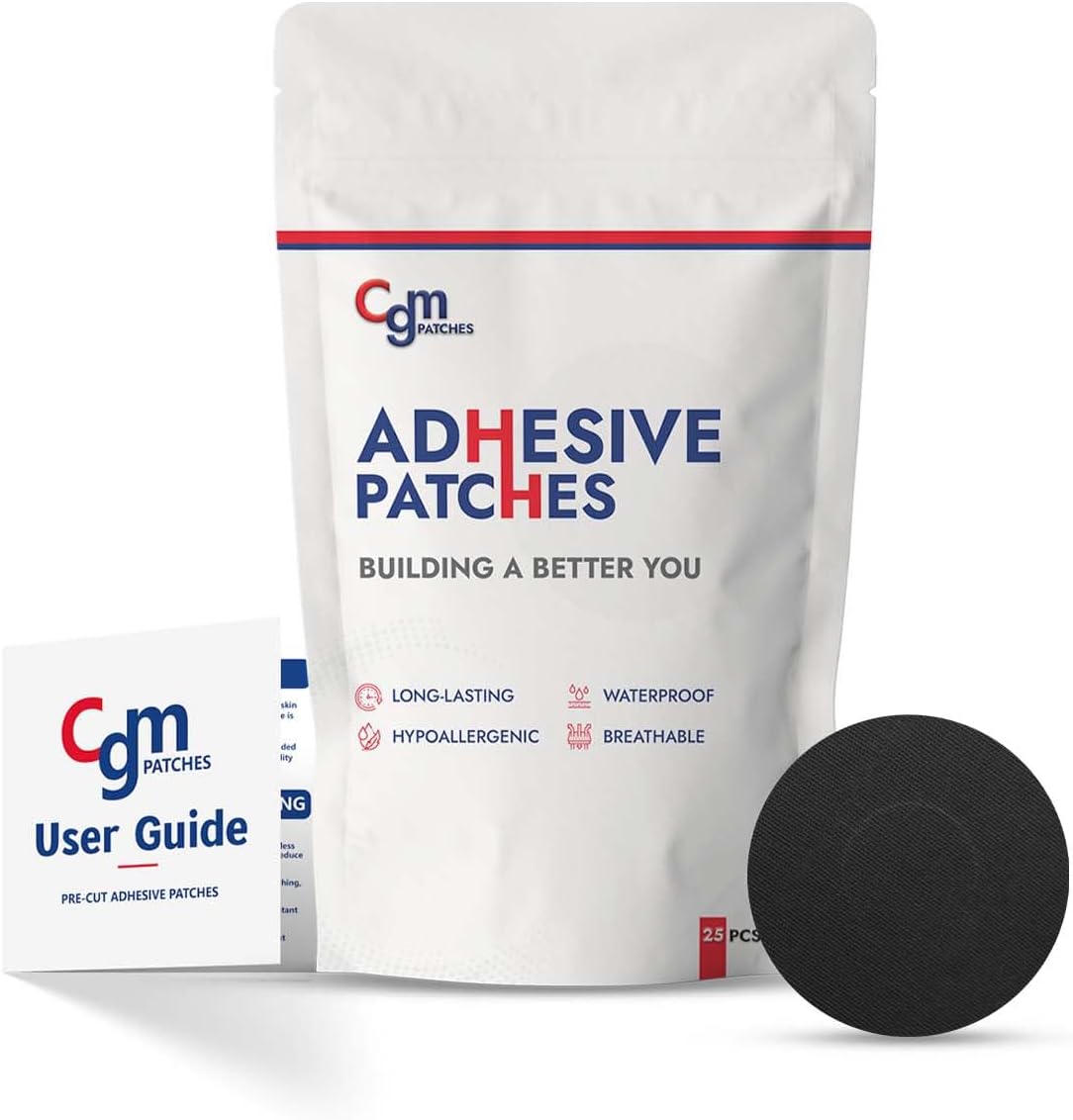 Adhesive Libre 3 CGM Sensors Overlay Patches - Waterproof, Sweatproof, Hypoallergenic - Medical-Grade Acrylic Adhesive Sensor Covers, Lasts for 10-14 | 25-Pack (Black)