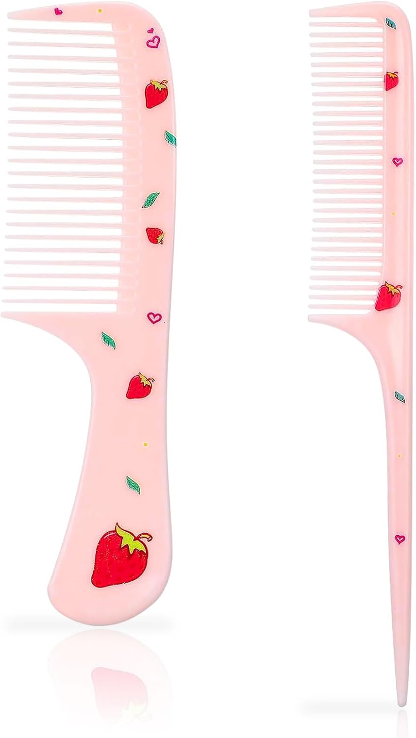 2pcs Cute Toddler Hair Brush Set, Pink Strawberry Baby Hair Brush, Mini Plastic Fine Tooth Rat Tail Comb for Women Girls Kids All Hairs Types Long Short Wet Dry Curly Straight Hairs