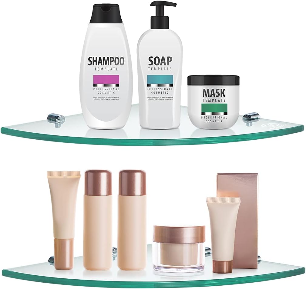 2 Pcs Tempered Glass Corner Shelf with 8 Brackets, 11.5" x 11.5" Floating Shower Caddy, Wall Mounted Shampoo Holder Organizer for Bathroom, Kitchen, Living Room