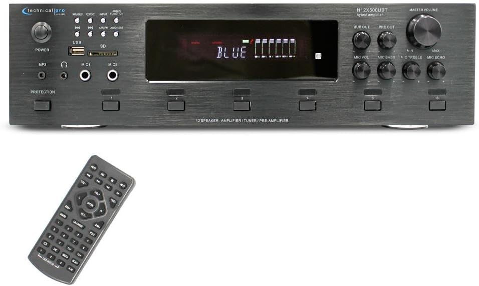 Technical Pro 6000 Watts 6 Zone Digital Bluetooth Hybrid Amplifier Preamp Tuner w/Speaker USB, SD Card Output, 2 Mic Inputs, Bass & Treble Controls, Cooling Speed Fan & LCD Display