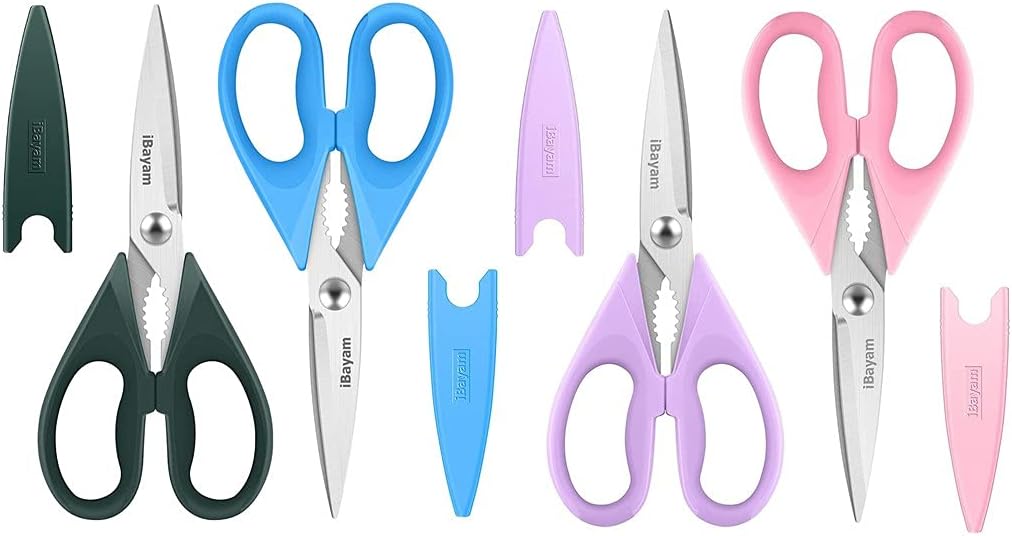 iBayam 2-Pack Kitchen Scissors Lake Blue, Forest Green & 2-Pack Kitchen Scissors Pastel Pink, Soft Purple Bulk