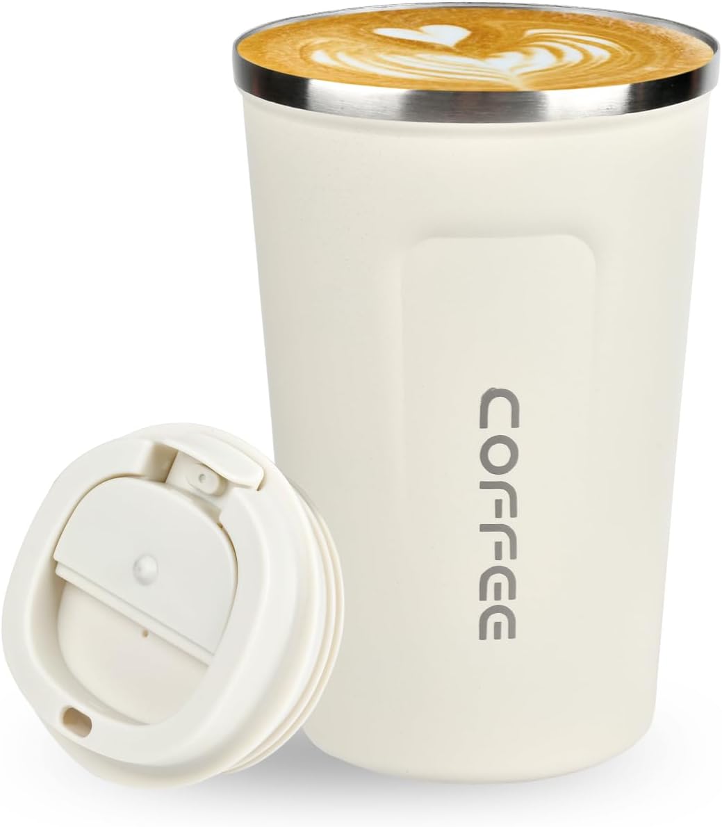 Lychico Coffee Travel Mug, 380ml Insulated Coffee Cup with Leakproof Lid, Reusable Stainless Steel Double Wall Vacuum Thermaol Mug/to Go Cups for Hot Cold Drinks, White