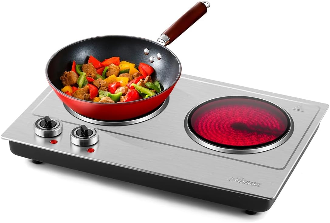 Double Electric Hob, CUSIMAX Hot Plate for Cooking, 2400W Electric Ceramic Hot Plate, Infrared Cooktop with Dual Temperature Control, Embedded Countertop Cooktop, Heat-Up in Seconds, Stainless Steel