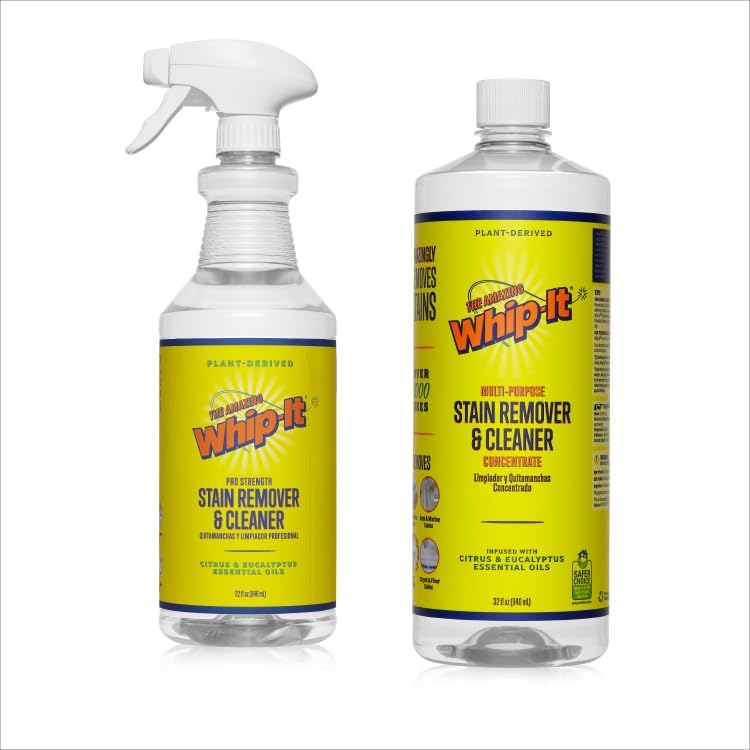Whip-It All Natural Enzyme Cleaner Stain Fighting Kit - Professional Strength Stain Remover Spray 32oz and Concentrate Multi-Purpose Stain Remover 32oz - Made in the USA