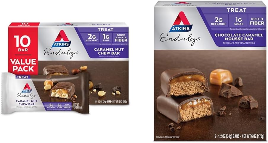 Atkins Endulge Caramel Nut Chew Bar, Dessert Favorite, 1g Sugar, Good Source of Fiber, Low Sugar, 10 Count & Endulge Chocolate Caramel Mousse Bar, Dessert Favorite, 1g Sugar, High in Fiber, 5 Count