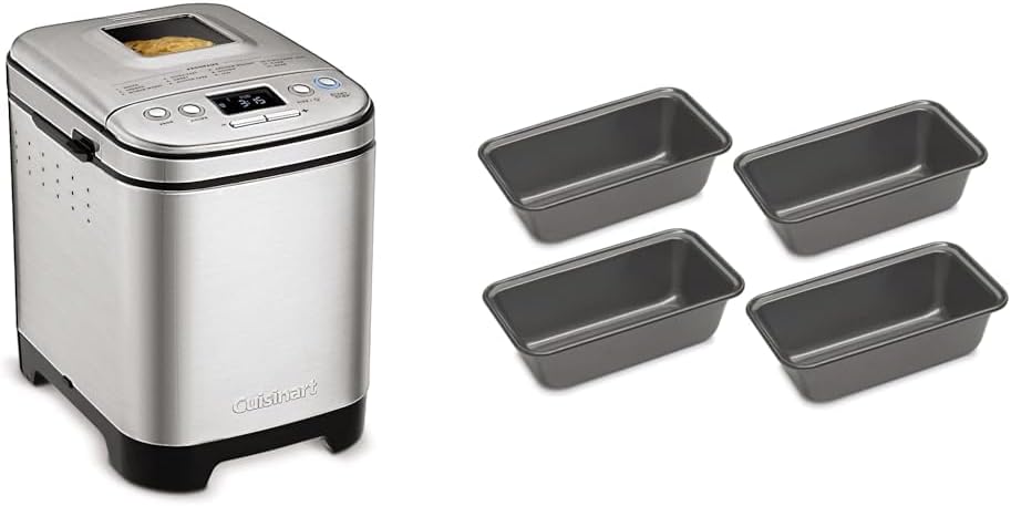 Cuisinart Bread Maker Machine, Compact and Automatic, Customizable Settings, Up to 2lb Loaves, CBK-110P1, Silver,Black & CMBM-4LP Mini Loaf Pan (Set of 4)