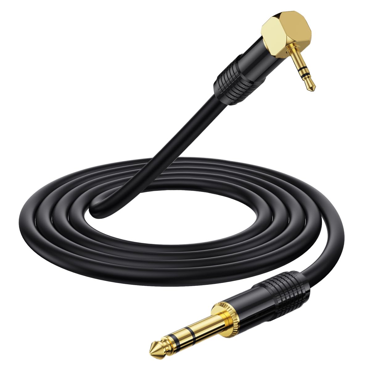 HTGuoji Right Angle 90Degree 3.5mm to 6.35mm Audio Cable, Gold 6.35mm 1/4" Inch Jack Male TRS Stereo To 3.5mm 1/8" Male TRS Audio Cable Adapter for Laptop, Home Theater Devices, Cellphone (1.8 Meter)