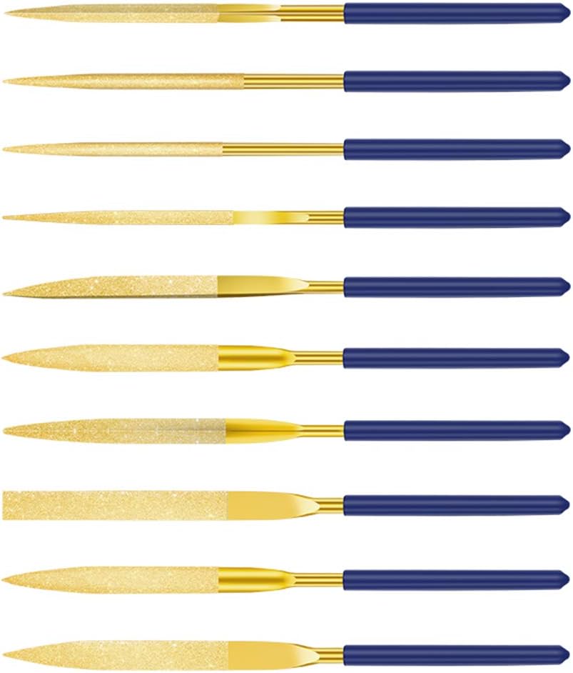 Dylan-EU Diamond Needle File Set 10 pcs Mini Modelling Files 140 mm Diamond File for Metal Plastic Glass Wood Jewelry Rough Carving - Gold & Blue