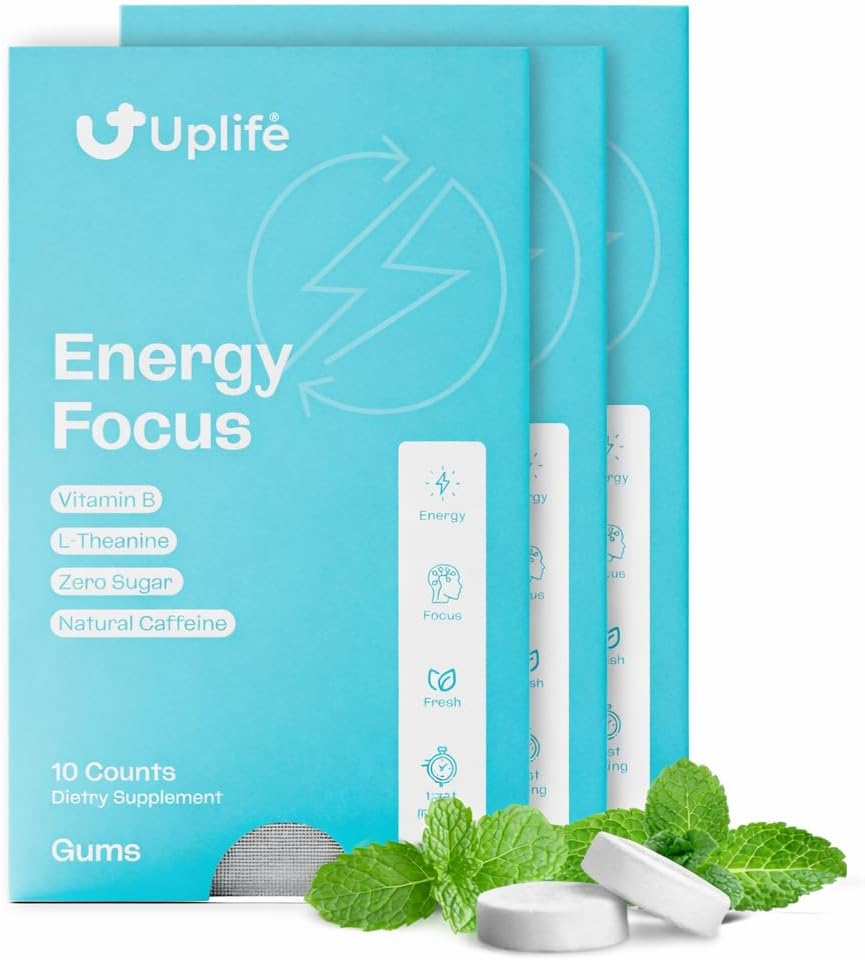 UPLIFE Energy and Focus Gum 30 Pcs – Made in USA - 40mg Nootropic Natural Caffeine + 80mg L-Theanine + Niacin Vitamin B3 & B12 – Sugar-Free, Vegan – Natural Coffee Alternative - Peppermint Flavor