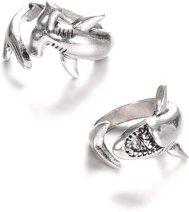 2pcs White Shark and Hammerhead Shark Rings Necklace Ocean Animal Personality Jewelry for Women Men-2pcs