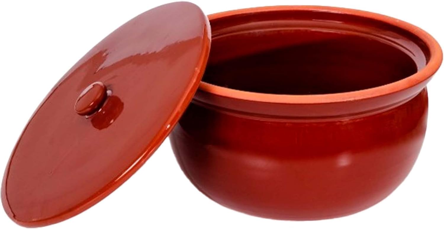 Hakan Terracotta Red Midi Clay Cooking Pot with Lid, 97 Ounces, Glazed, 9.8"D x 9.8"W x 5"H, Handcrafted in Turkey, Oven & Microwave Safe