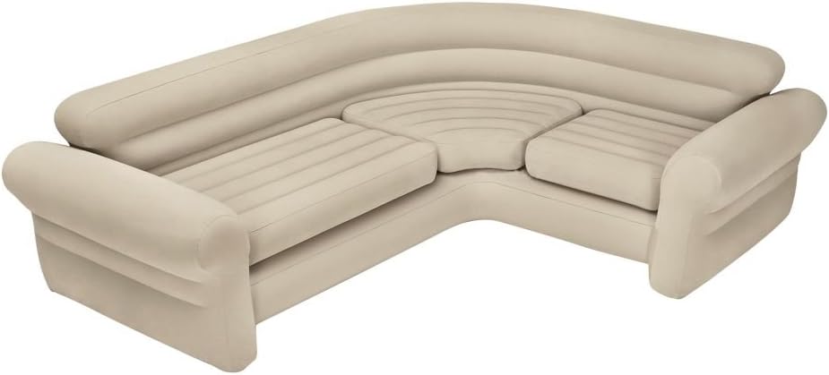 Intex Inflatable waterproof flocked top surface Corner Living Room Air Mattress, Sectional Sofa Couch for any rec room, game room, or dorm room 257 x 203 x 76 CM - Beige