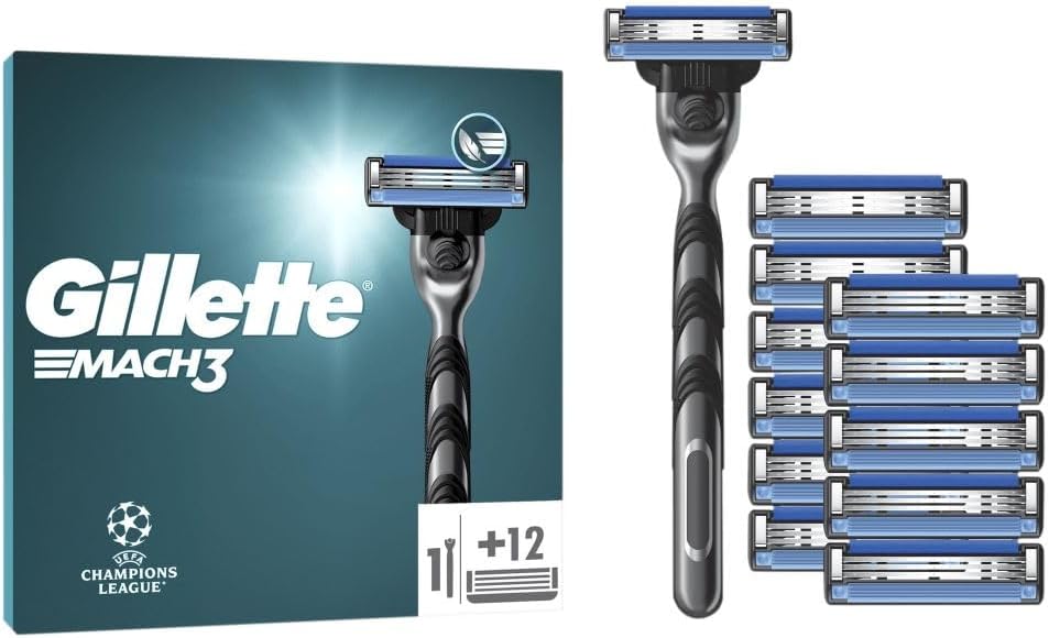 Gillette Mach3 Men's Razor + 12 Razor Blade Refills, 3 Blades for a Smooth Shave, Fits All Mach3 Handles