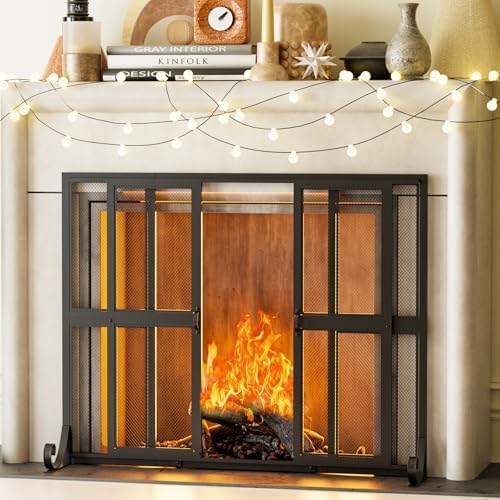 Fireplace Screen with Sliding Doors, 37.8" W x 30.7" H Handcrafted Wrought Iron Fire Spark Guard Fire Place Gate Protector for Living Room, Children and Pet Safety(Large)