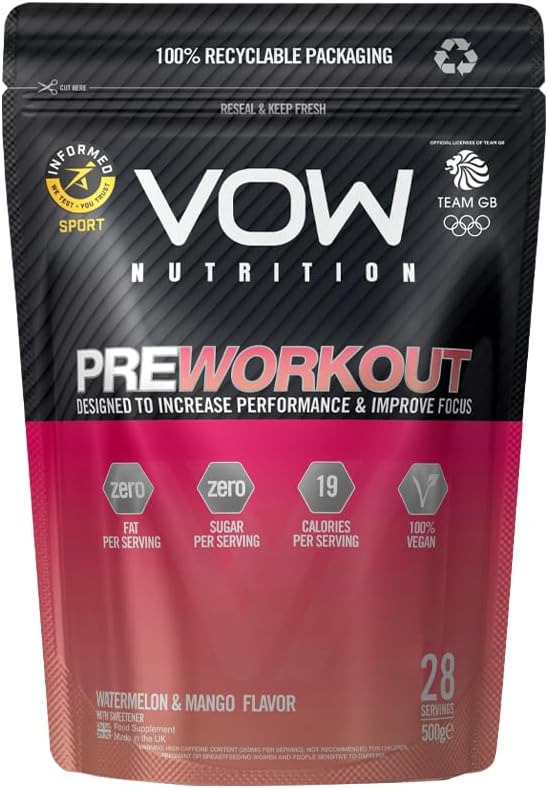 Vow Pre Workout Advanced Complex with Creatine, Beta Alanine, Caffeine, Improve Energy & Focus (Watermelon & Mango)