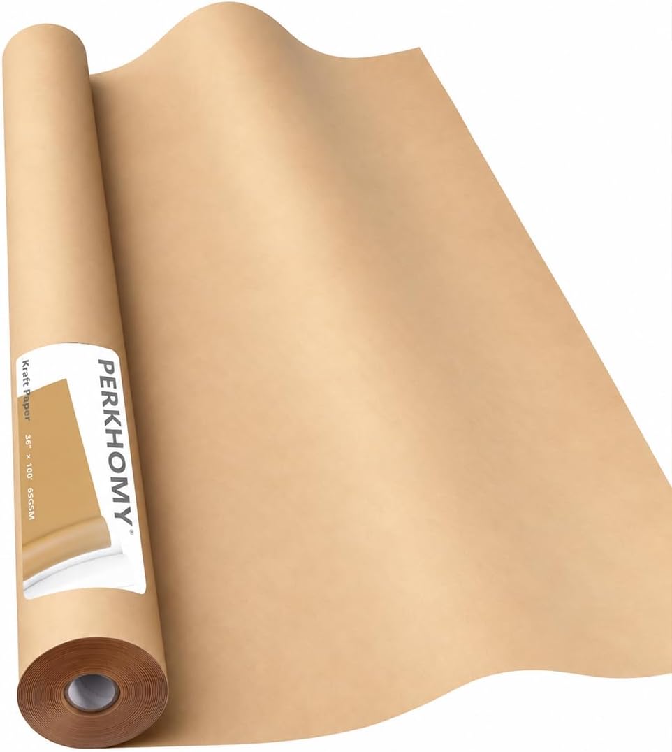 PerkHomy Large Brown Kraft Paper Roll 36" x 1200" (100') for Gift Wrapping Bulletin Board Craft Art Bouquet Flower Packing Moving Shipping Floor Covering Table 70GSM 50LB (Brown, 36" x 100')