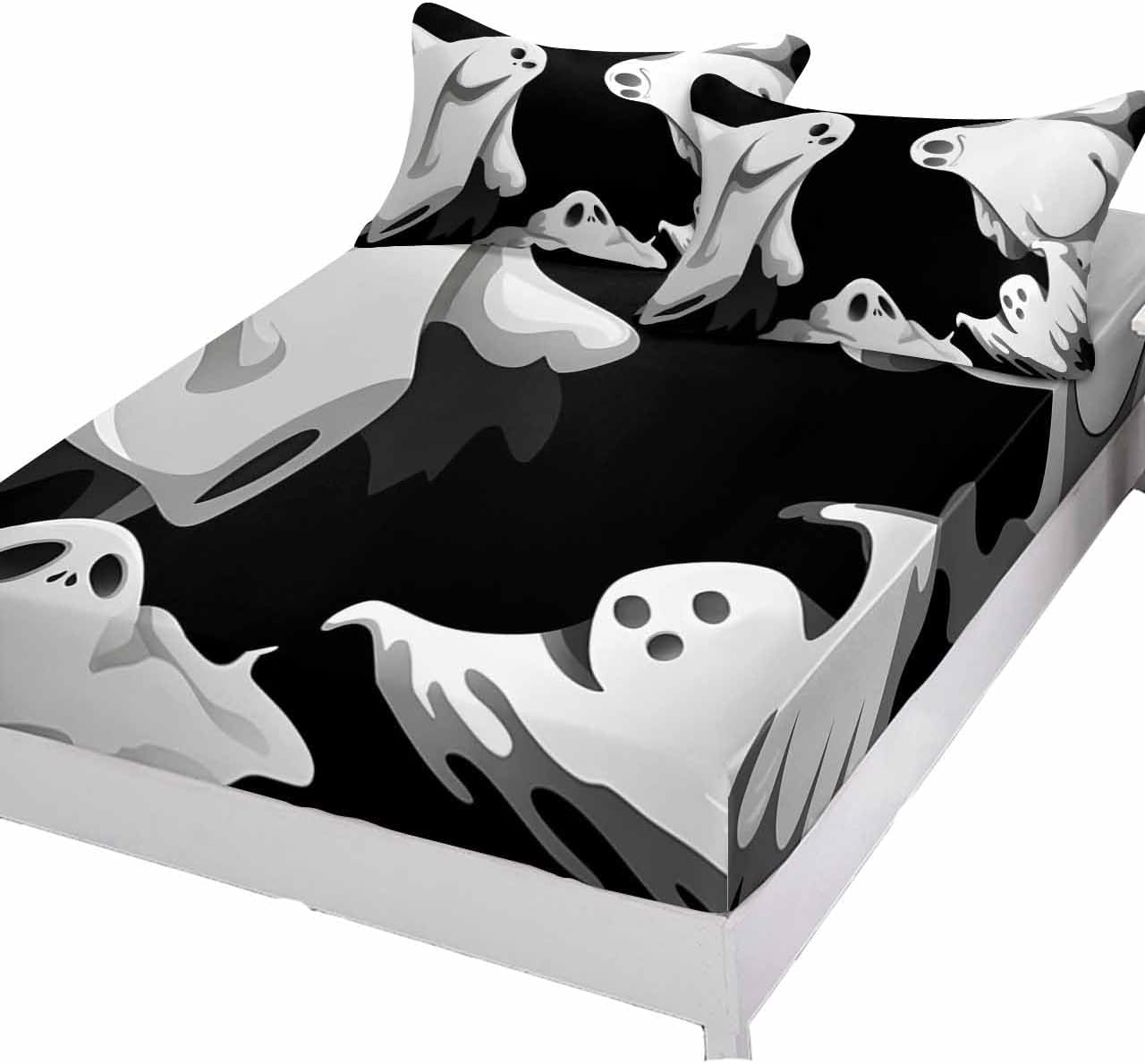 Fitted Sheets Elastic Deep Pocket Bed Sheet Cal King, Halloween Abstract Ghost on Black Soft Bed Sheets Set,Retro Modern Mattress Cover Up Hotel Luxury Fitted Sheet Pillowcase for Bedroom