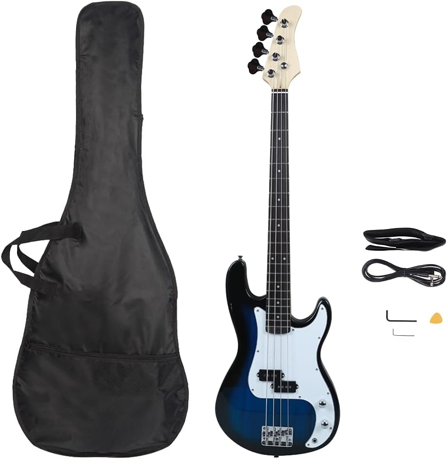 Bonnlo Electric Bass Guitar 4 Strings Full Size for Beginner Exquisite Basswood Burning Bass with Bag, Strap and Accessories (Dark Blue)