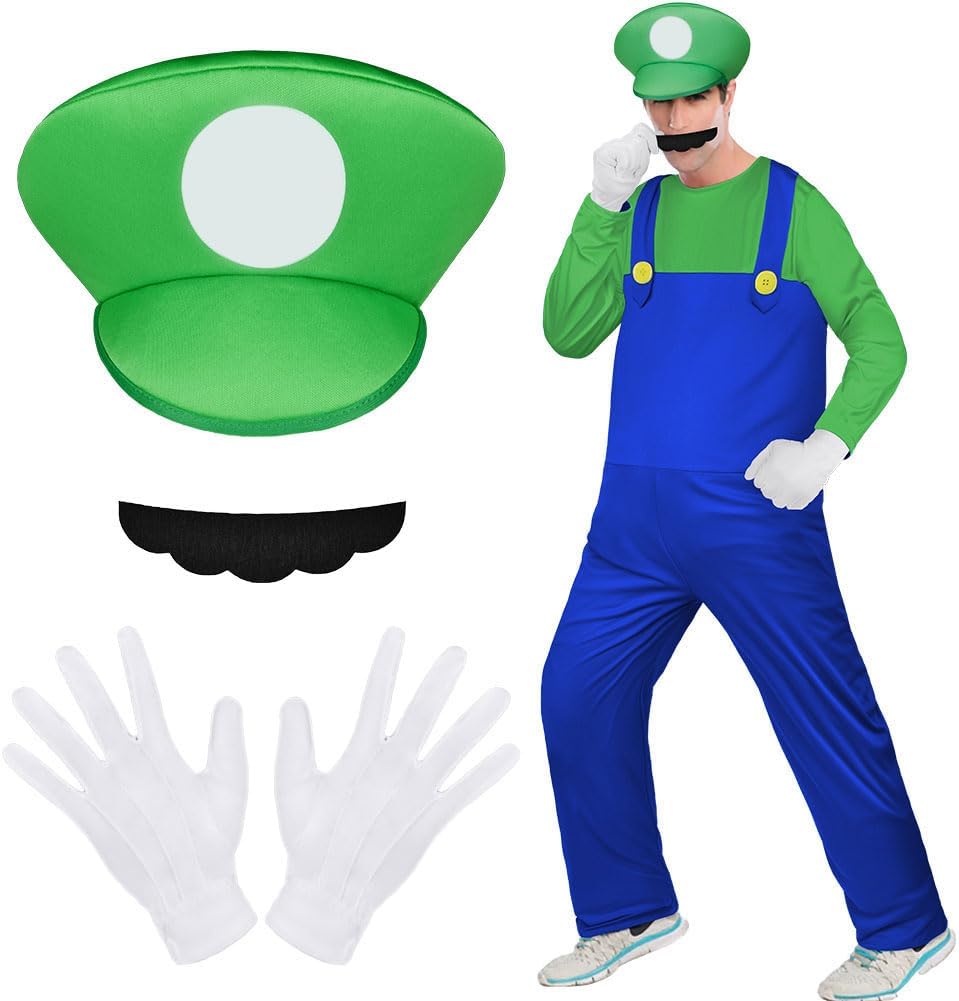 Aomig Super Plumber Costumes 4 Pack Brothers Workman Cosplay Costume Kits with Bodysuit Hats Cap Mustaches White Gloves 1980s Videogame Bros Fancy Dress Outfit Costume for Women Men