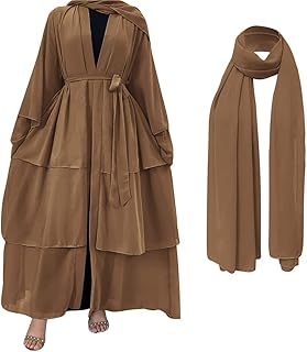 Muslim Chiffon Abaya for Women Open Front Cardigan Modest Dress with Hijab Scarf Middle East Arabian Robe Islamic Long Dress