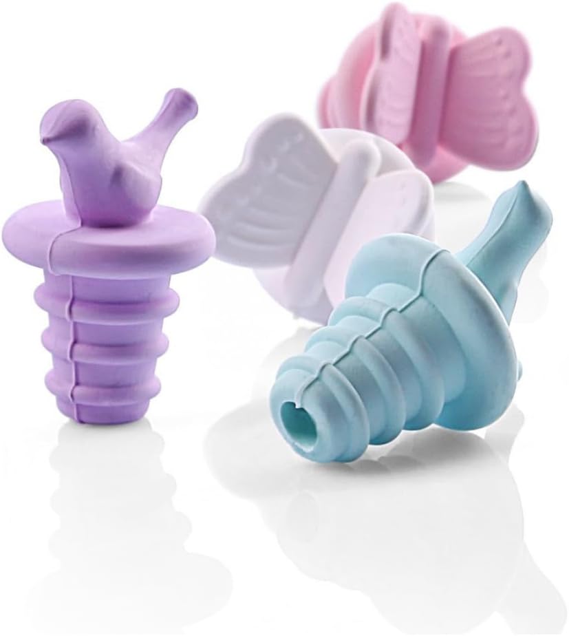 Wine Stoppers Beverage Bottle Sealer Soft Silicone Wine Bottle Stoppers Corks with Grip Top for Keeping Wine Champagne Fresh - Wine Corks Stay Fresh Set of 4 (Purple/Blue Bird - PİNK/WHİTE Butterfly)