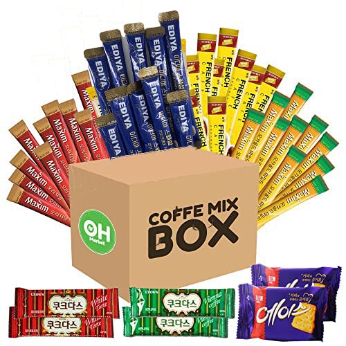 OHMARKET Korean Instant Coffee MIx Variety 40 Sticks With Snack, 4 Different Flavors (10 Pack of Each / Maxim Original, Maxim Mocha Gold Mild, Ediya Special Gold Blend, French Cafe / Couque Dasee, 2 Flavors, Ace Caraker 2 Pack