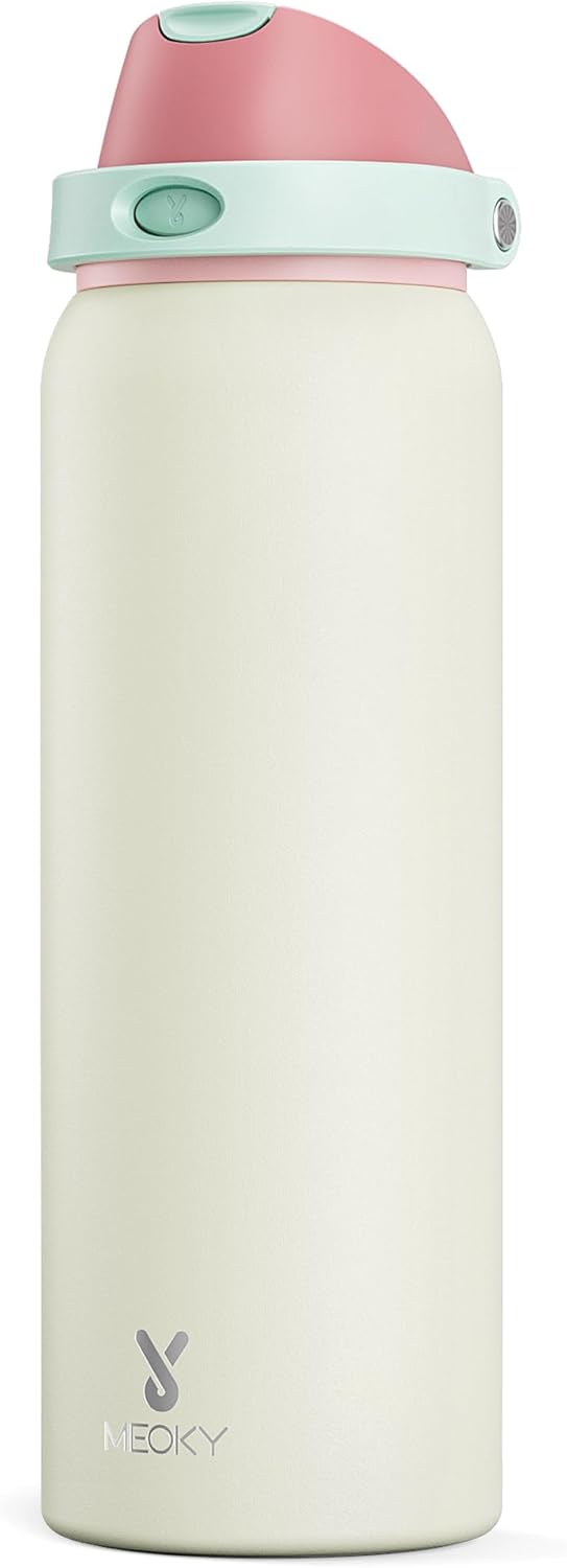 40 oz Insulated Water Bottle with Straw: Meoky Stainless Steel Metal Water Bottle with 2-in-1 Lid - Leak Proof, Cold for 24 Hours, Protective Silicone Base, BPA-Free for Sports Gym, Cream