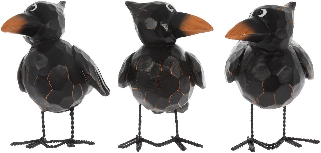 Hobby Lobby Decorative Wood Look Crows, Resin and Metal, Black with Orange Beaks, Set of 3, Judgemental Eyes