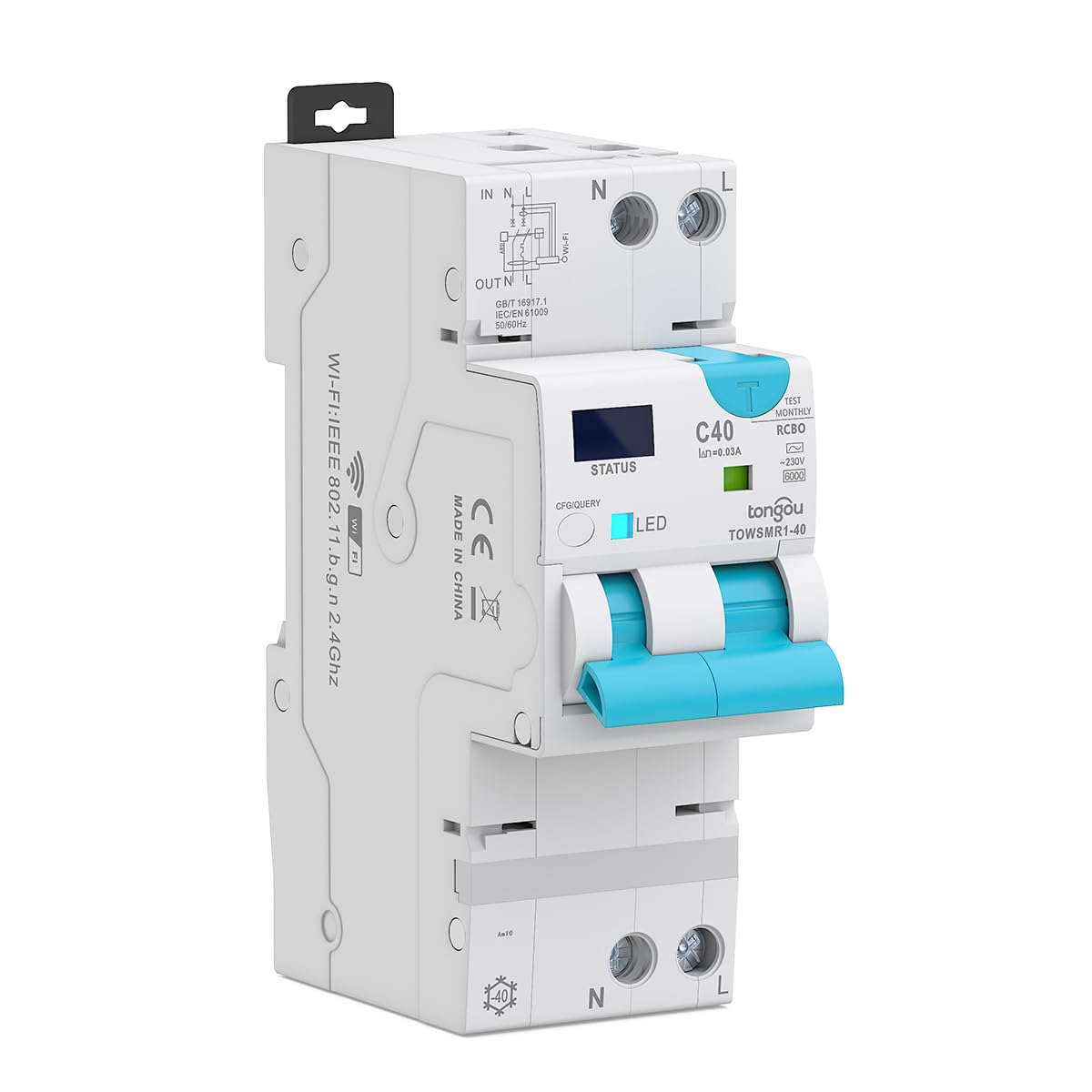 TONGOU 1-40A 1P+N Type AC Smart RCBO Wifi Circuit Breaker,Supports Detection of 30-100mA Leakage Current, With Automatic Reclosing, Tuya/Smart Life APP Connection,Smart Protection, Smart Home