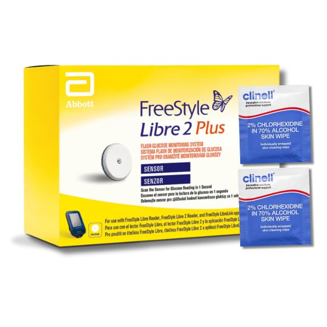 Freestyle Libre 2 Plus Glucose Monitoring Sensor (1 Sensor) - Real-Time CGM for Diabetes Management, Waterproof, with Free Alcohol wipes
