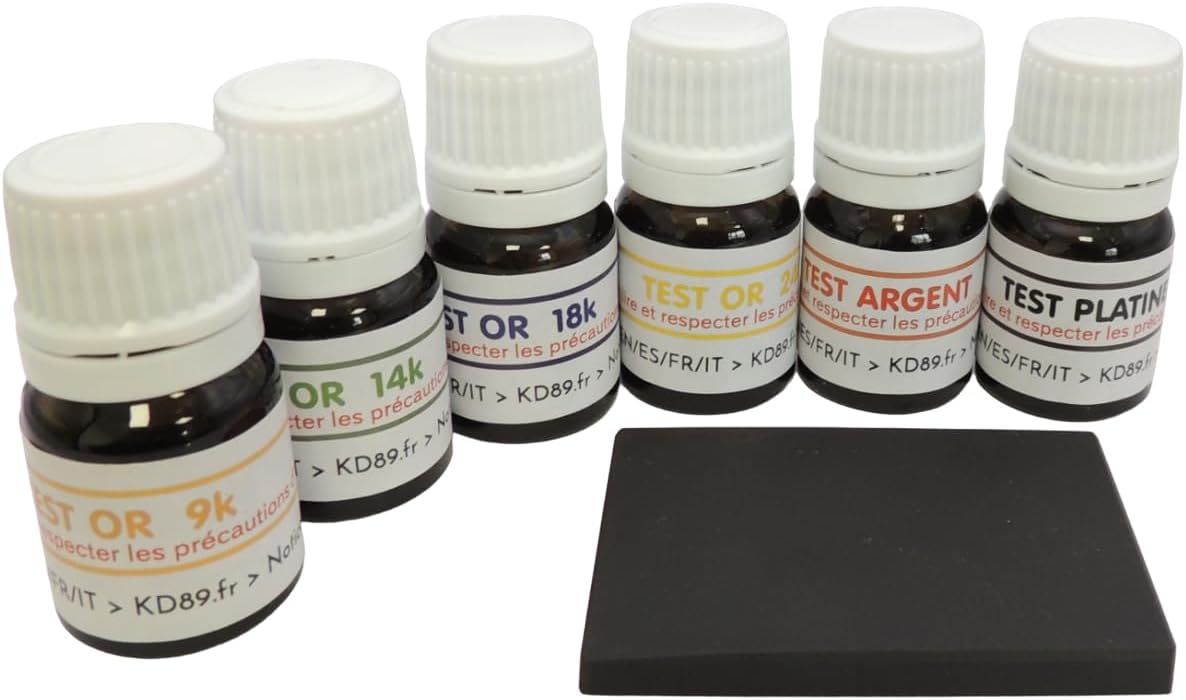Promo: 9,14,18,24 K Gold Tester + Silver + Platinum - Set of 6 Ready to Use Vials + Silver Tester + Platinum Tester + Natural Touchstone 45 x 40 mm + Free Expert Guide KD89/VD 91 cm