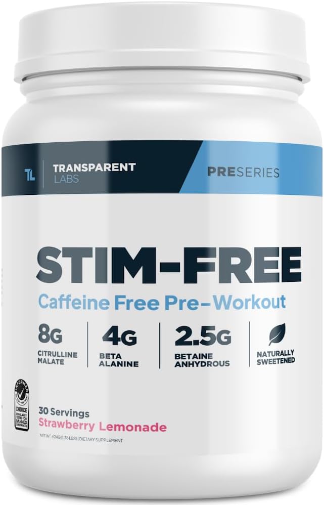 Transparent Labs Stim-Free Pre-Workout - Caffeine & Stim Free Pre Workout Powder for Men and Women with Beta Alanine Powder, Citrulline Malate, & elevATP - 30 Servings, Strawberry Lemonade